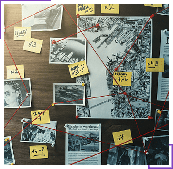 Crime investigation board with photos and notes connected by strings.